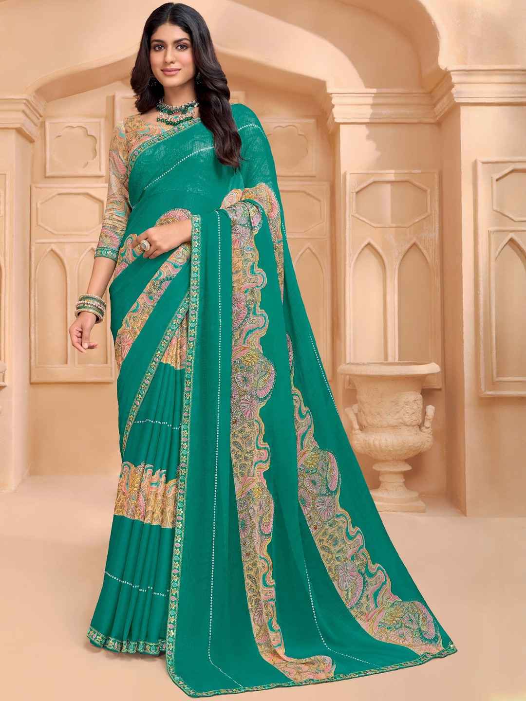 Laxmipati Tohfa Paisley Printed Sequinned Border Saree With Blouse Piece