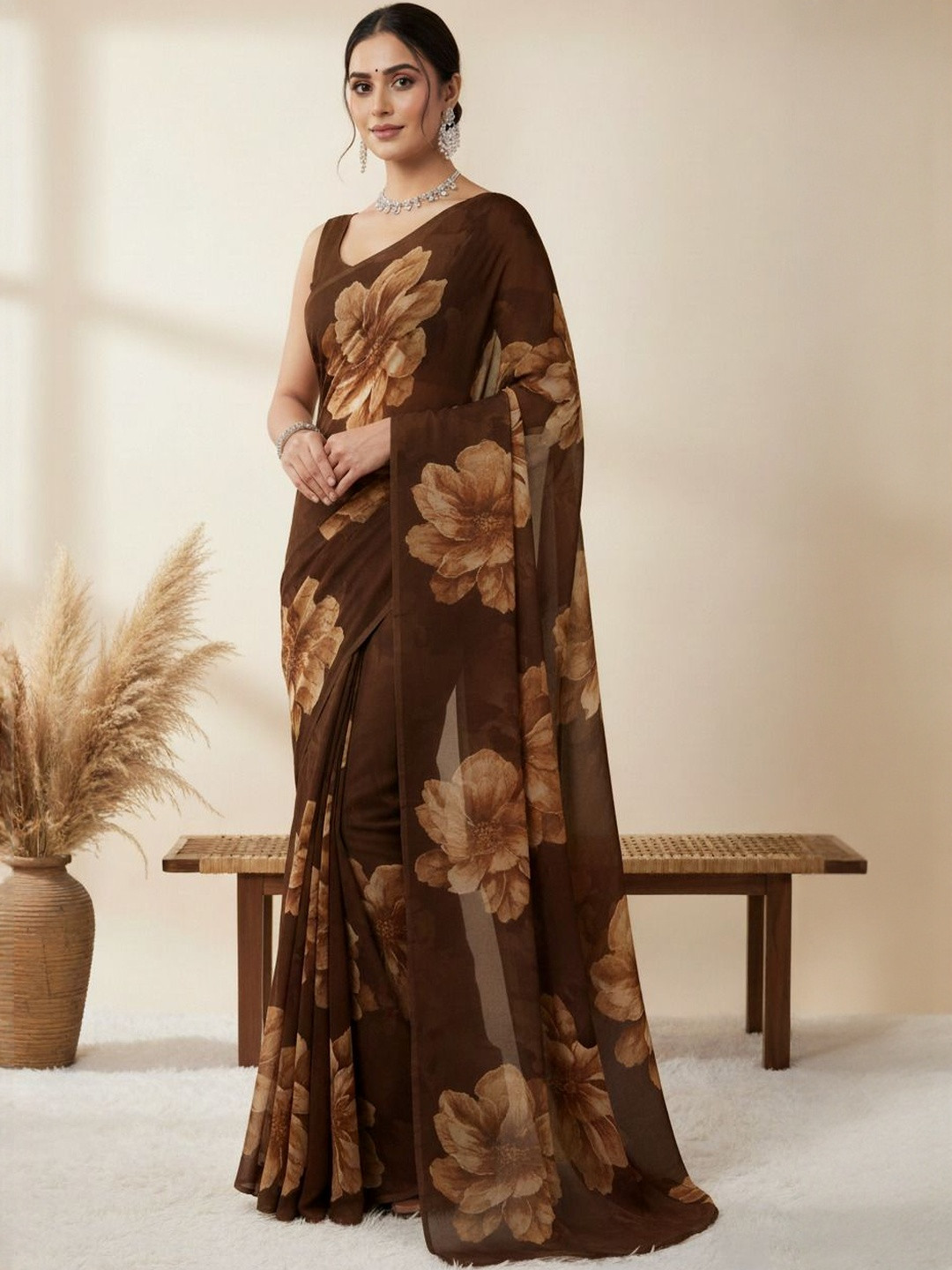 RegalDrapes Floral Pure Georgette Saree With Blouse Piece