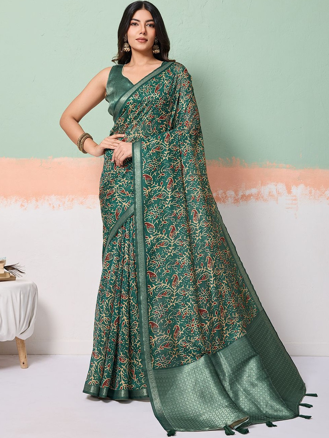 100 Dreams Ethnic Motifs Zari Tissue Handloom Block Print Saree