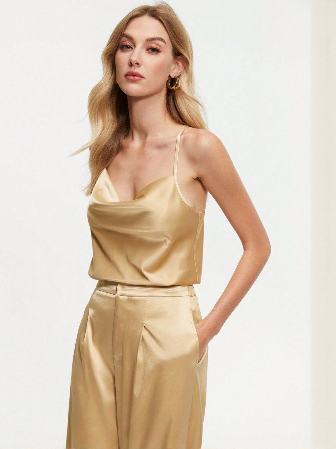 Outzidr Women Cowl Neck Shoulder Straps Sheen Regular Cami Top