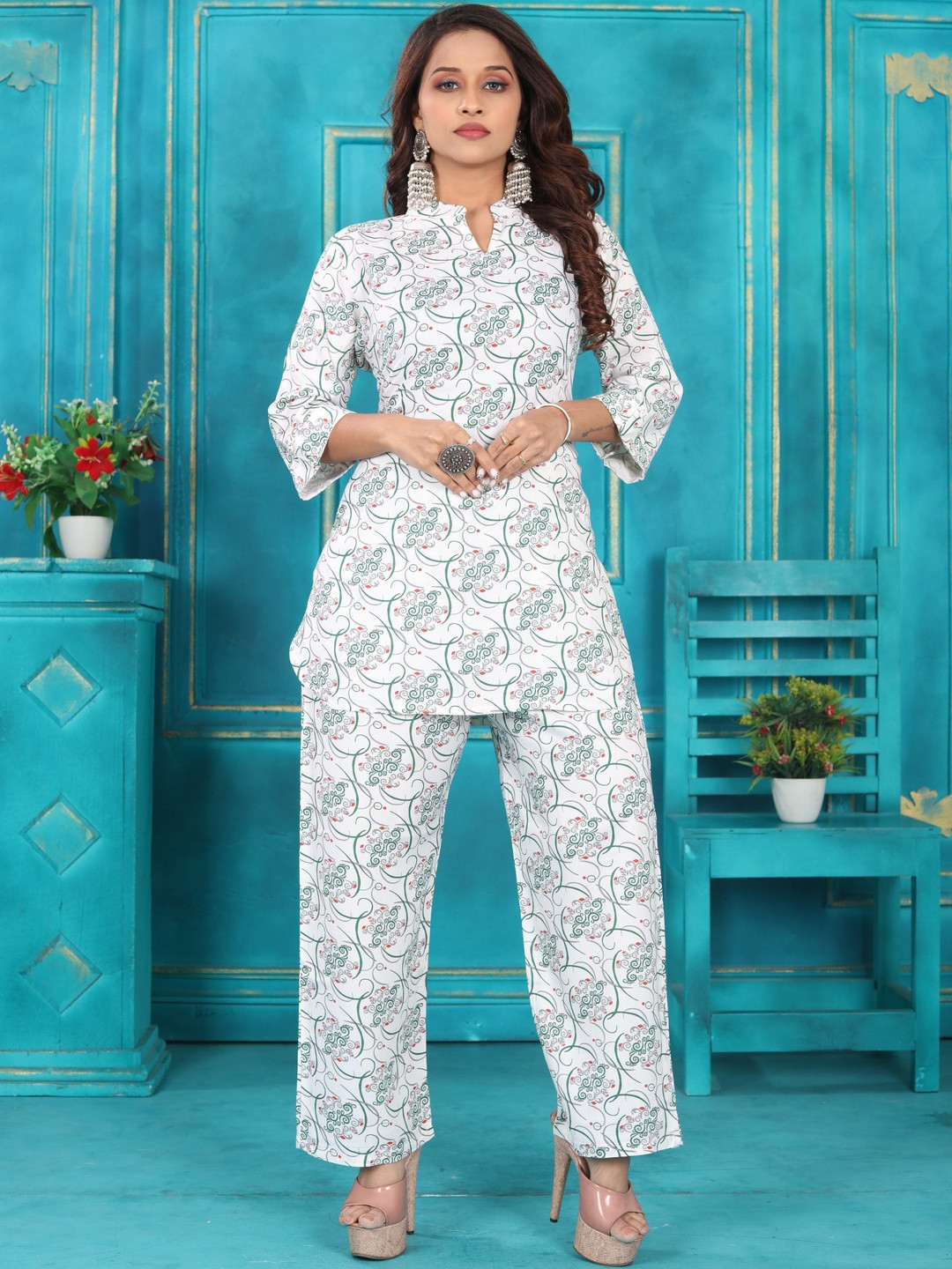 PickALook Abstract Printed Notch Neck Pure Cotton Tunic With Trouser