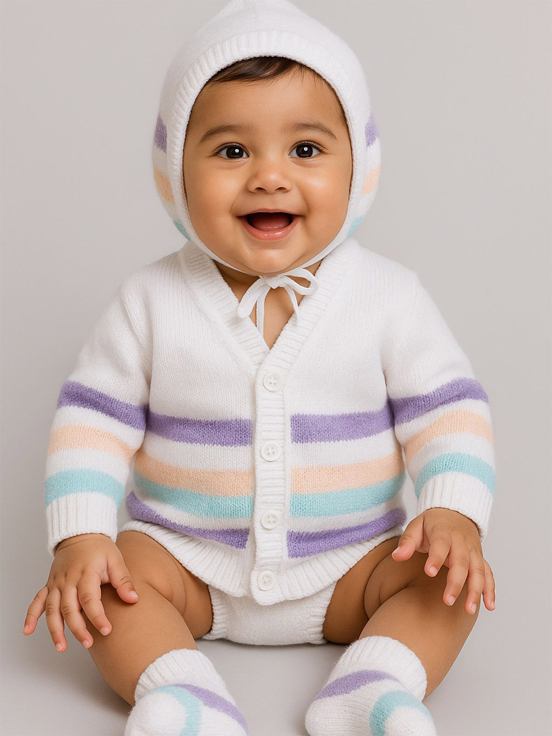 Little Angels Baby Girls Striped Woollen Cardigan Sweaters With Cap & Socks Set