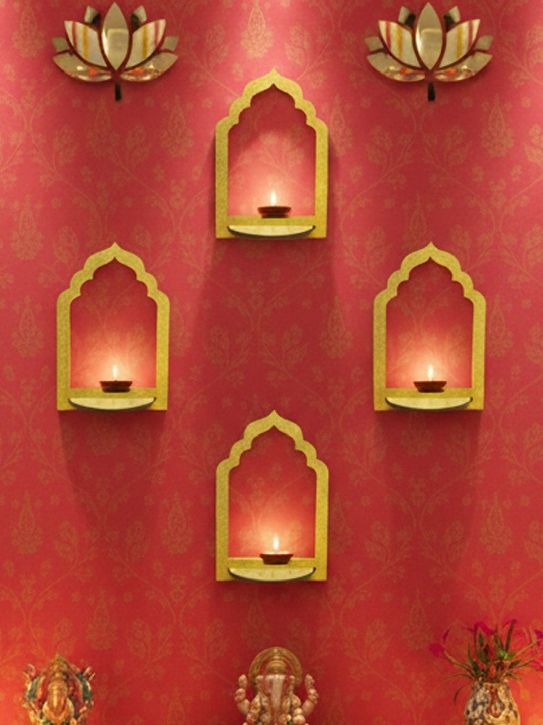 Special You Gold Toned 10 Pieces Jharokha Lotus Stickers & Tealight Candels