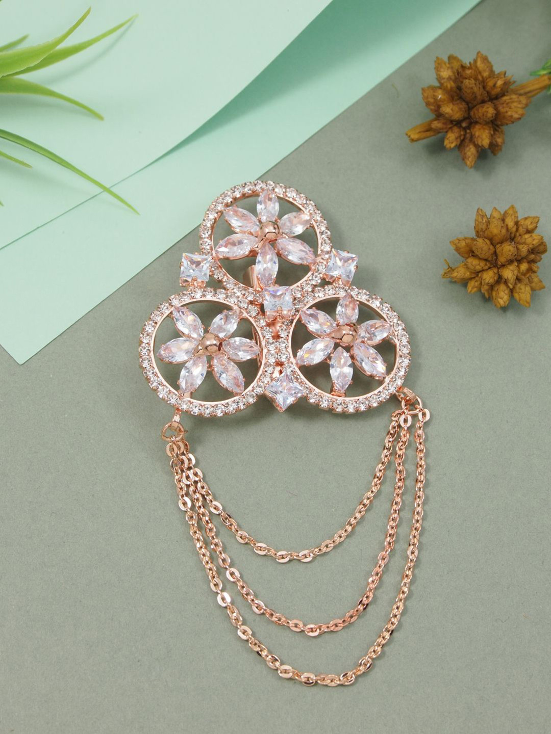 I Jewels Men Rose Gold Plated Artificial Stones Studded And Beaded Brooch