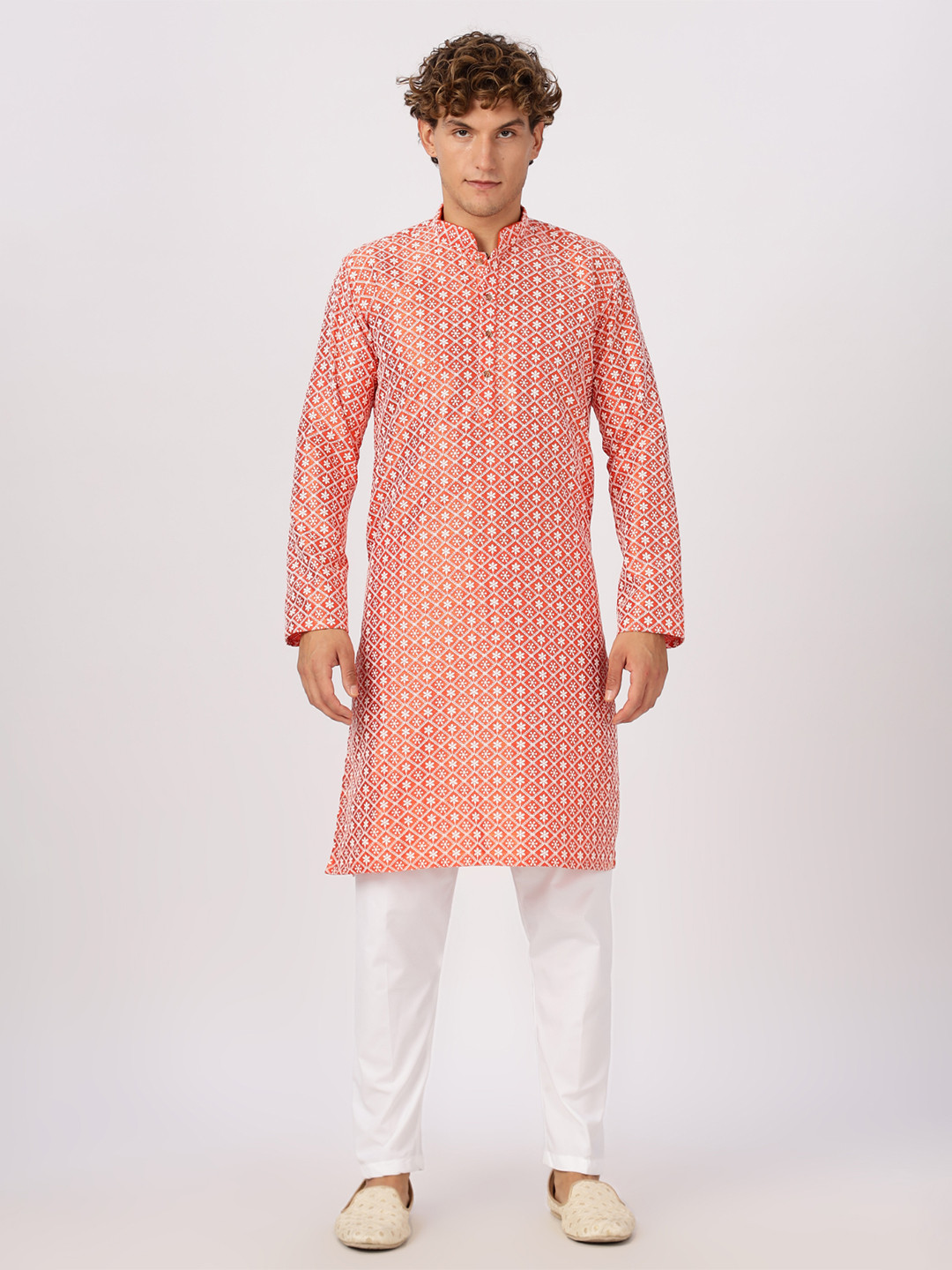 Anouk Orange Floral Embroidered Mandarin Collar Cotton Straight Kurta