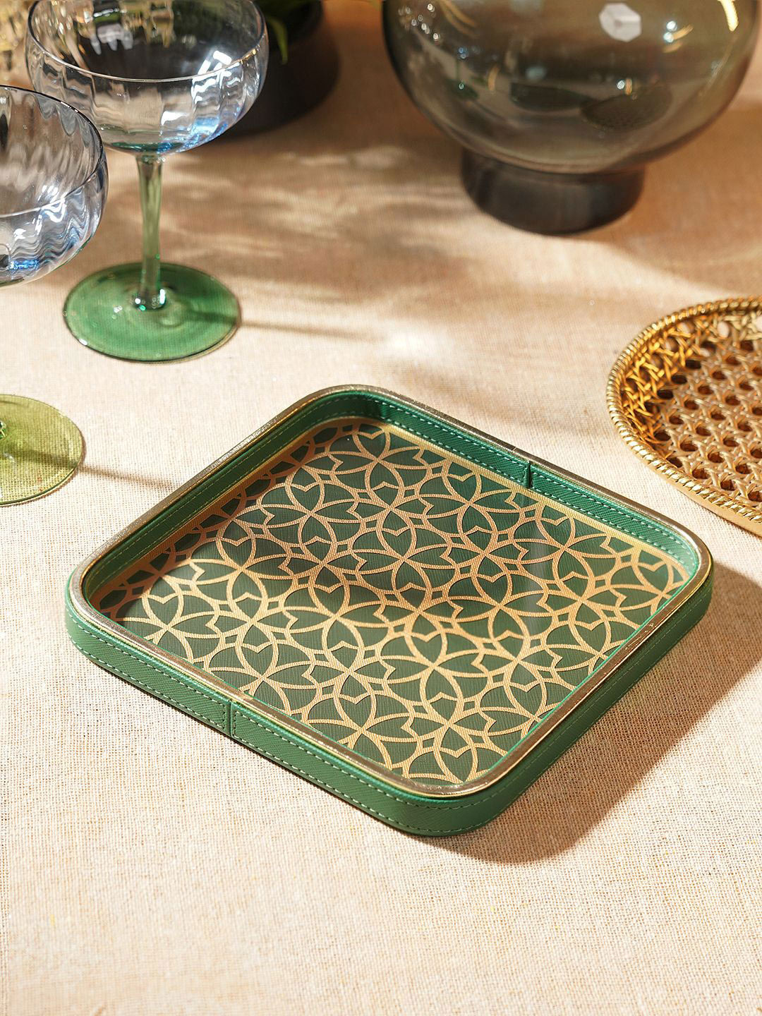 Pure Home and Living Green Printed Square MDF Serving Tray