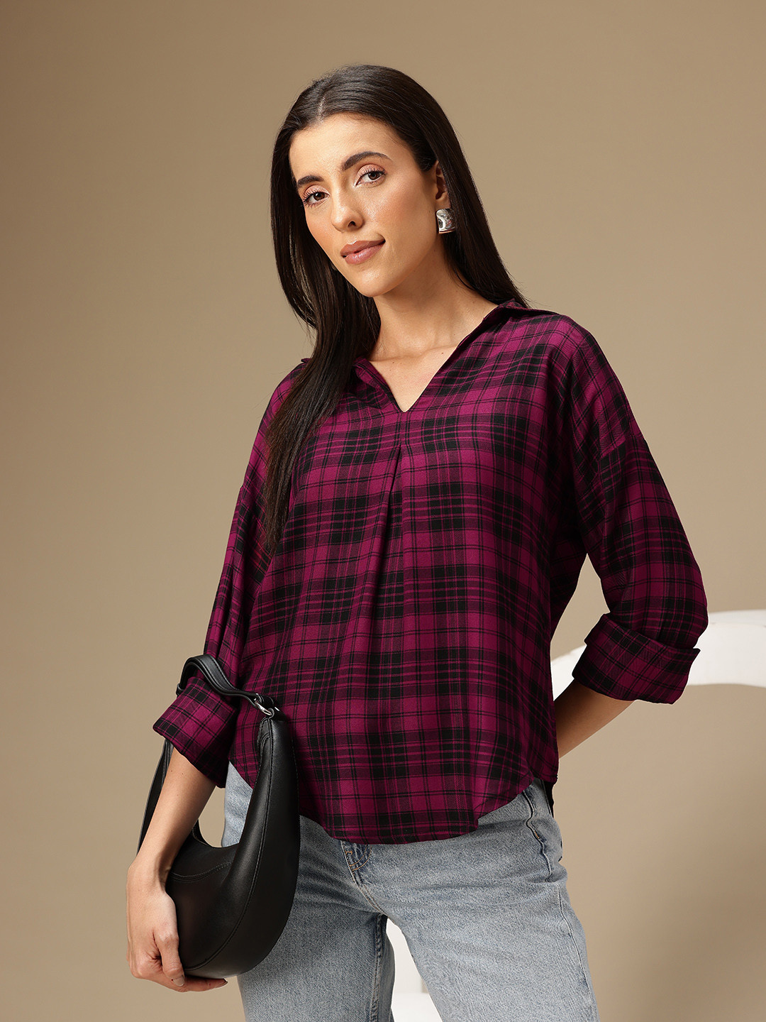 Chemistry Pleated Checked Shirt Style Top