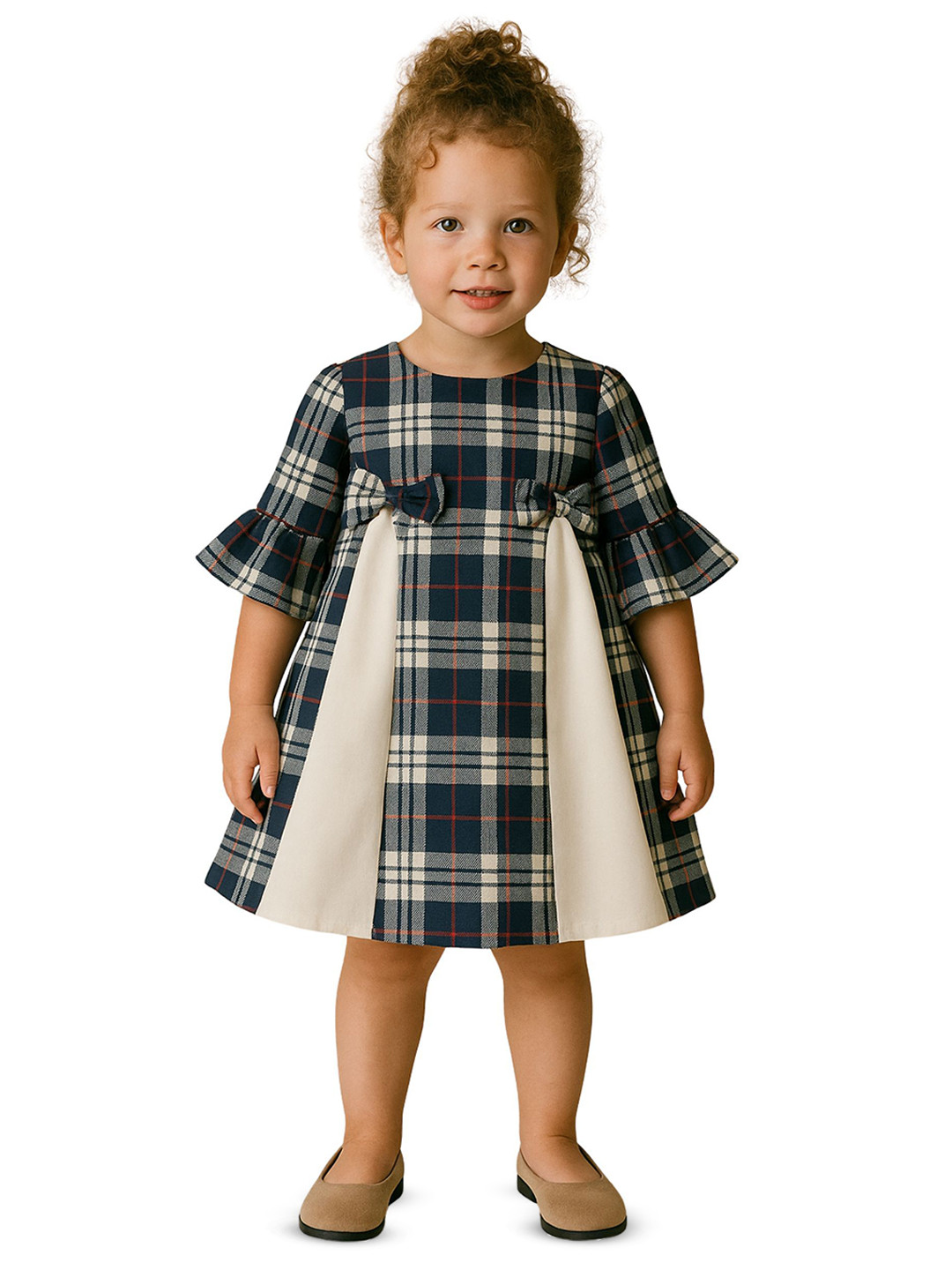 Le Nino Checked Bell Sleeve A-Line Dress