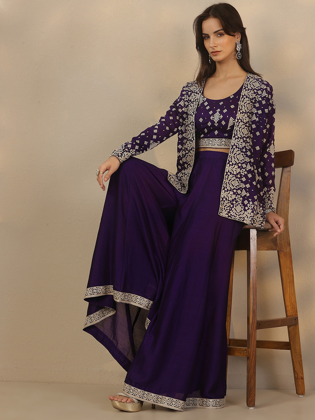 Libas Art Embroidered Top & Palazzos With Embroidered jacket