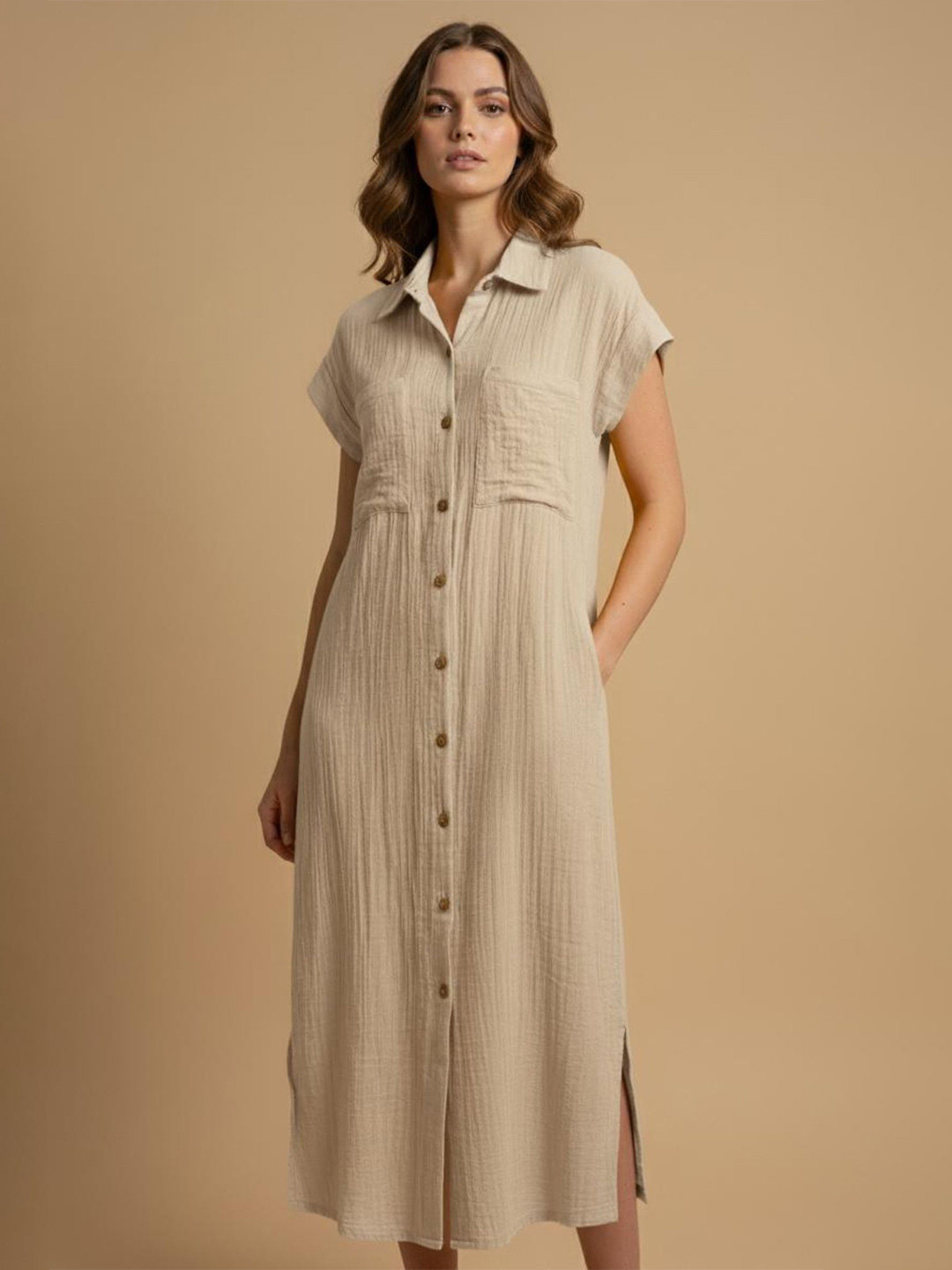 Veeralda Women Solid Shirt Collar Shirt Maxi Dress