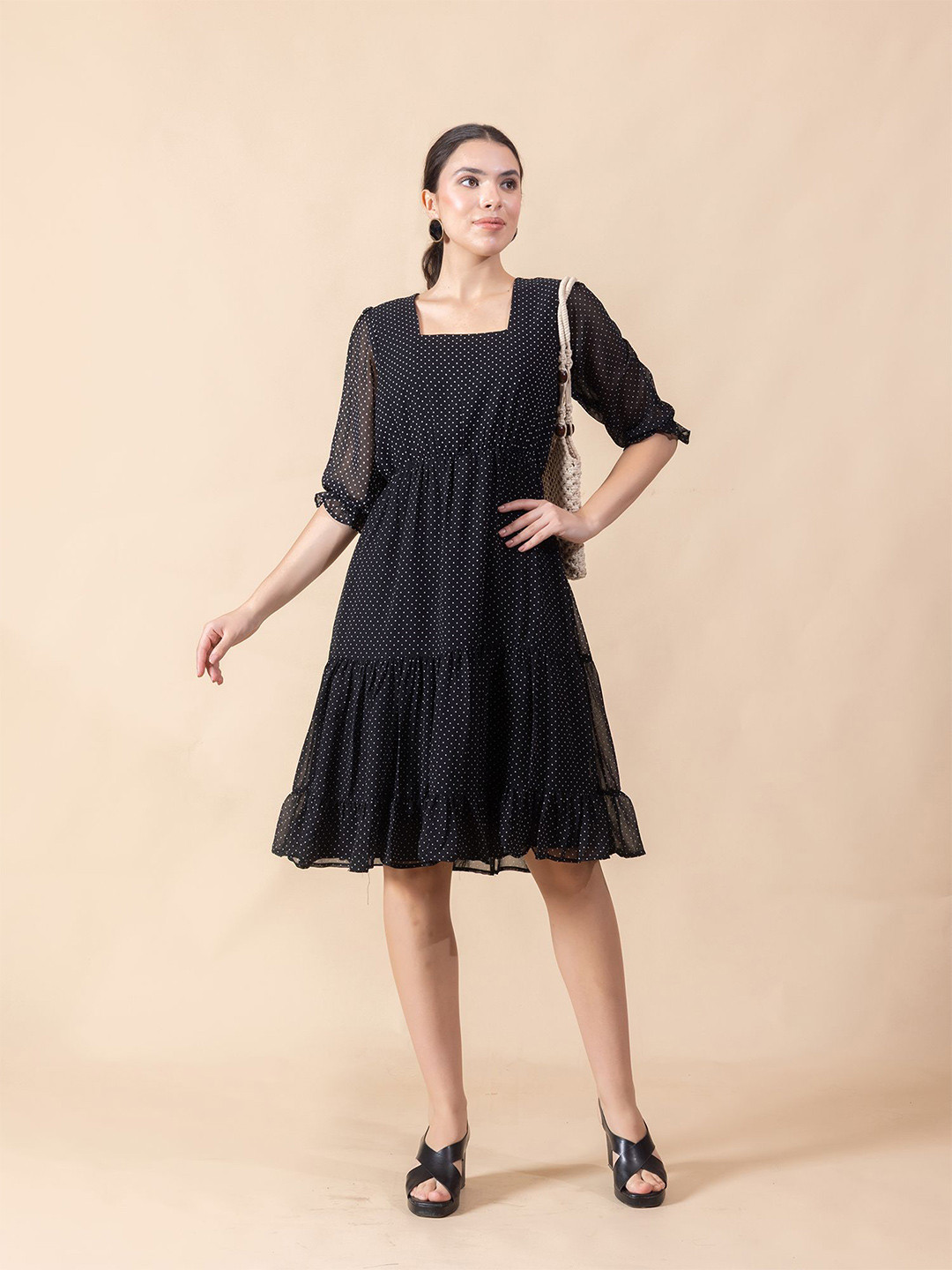 MASAMI Polka Dot Print Georgette Fit & Flare Dress