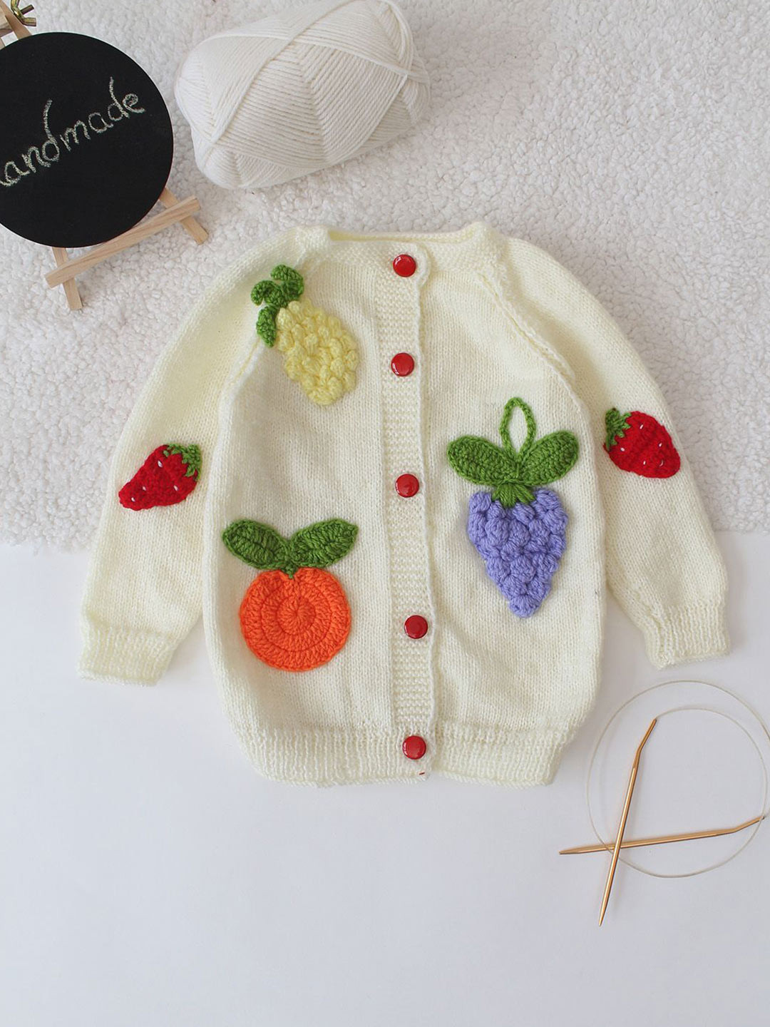 Woonie Kids 3D Fruit Applique Acrylic Cardigan Sweater