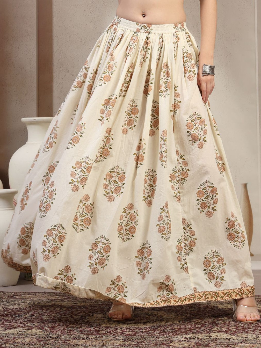 SUNEKH Floral Printed Cotton Flared Maxi Skirts