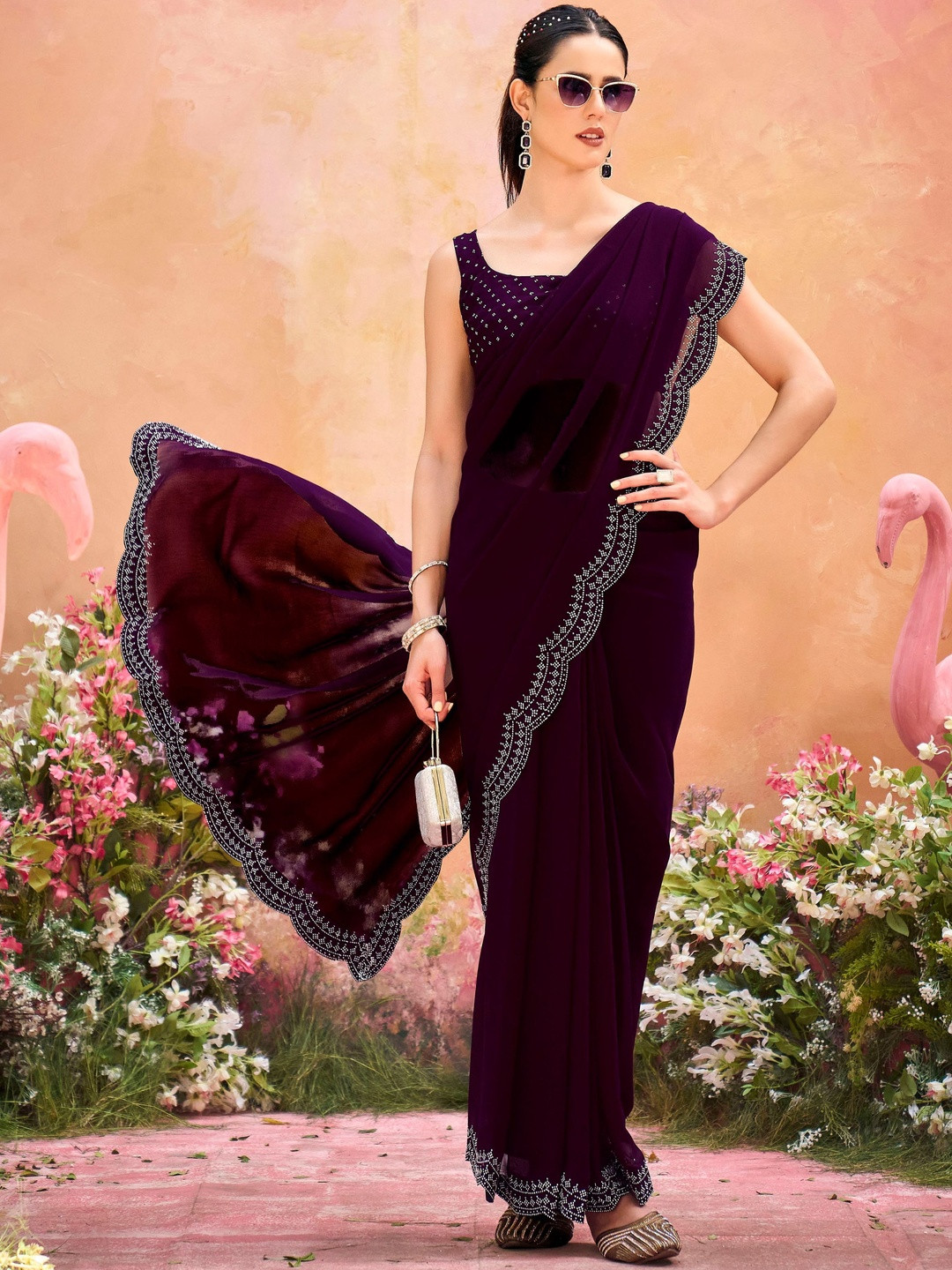 HERE&NOW Embellished Sequinned Poly Georgette Designer Fashion Saree
