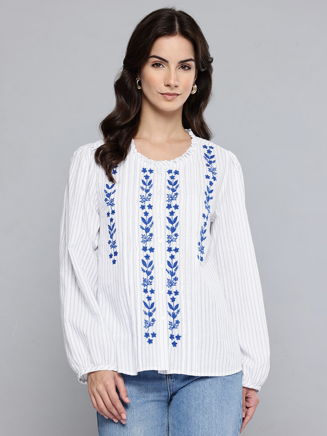 SCOUP Ruffle Detail Striped Cotton Shirt Style Top