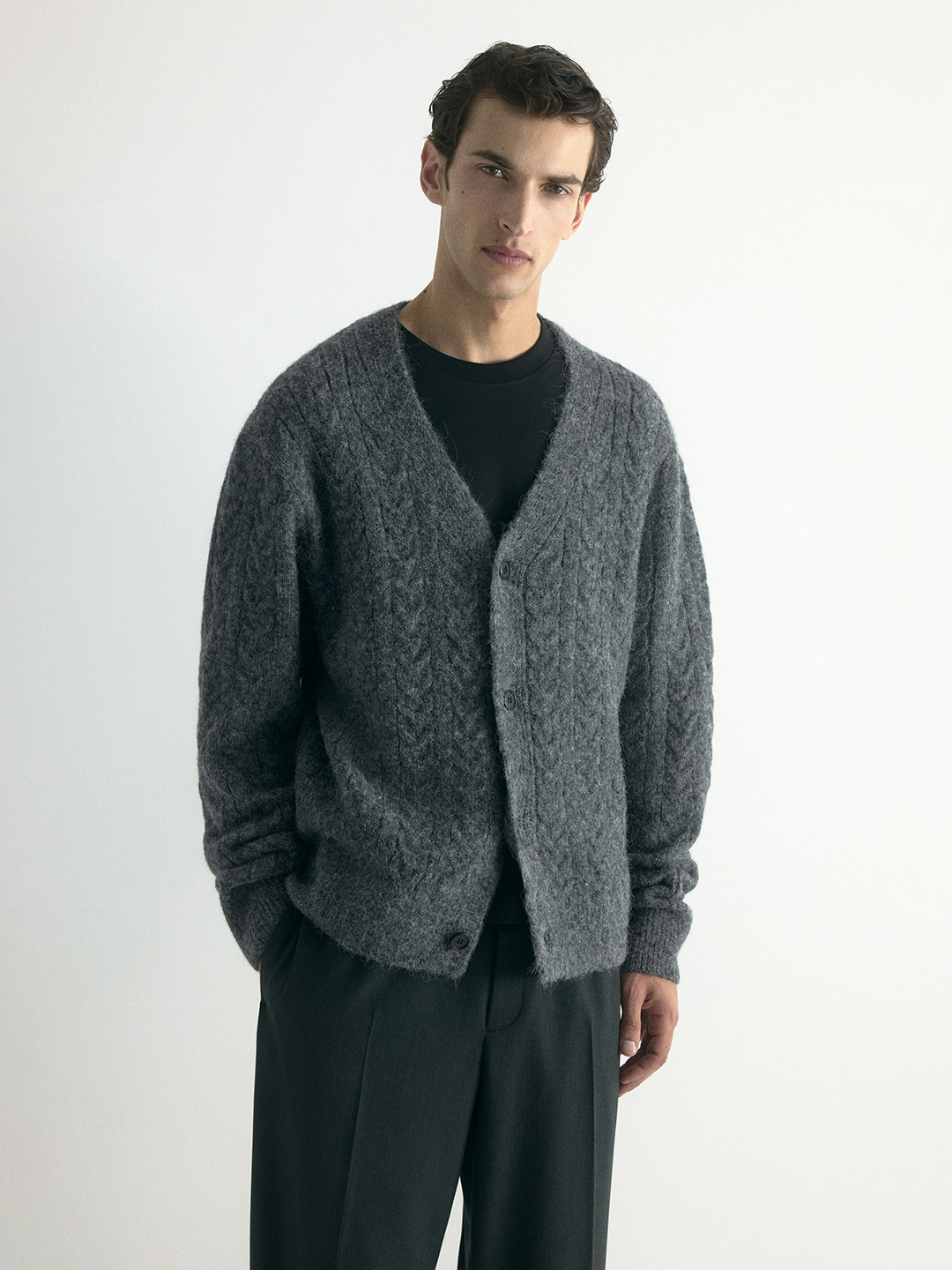 H&M Solid Self Design Loose Fit Wool-Blend Cardigan Sweaters