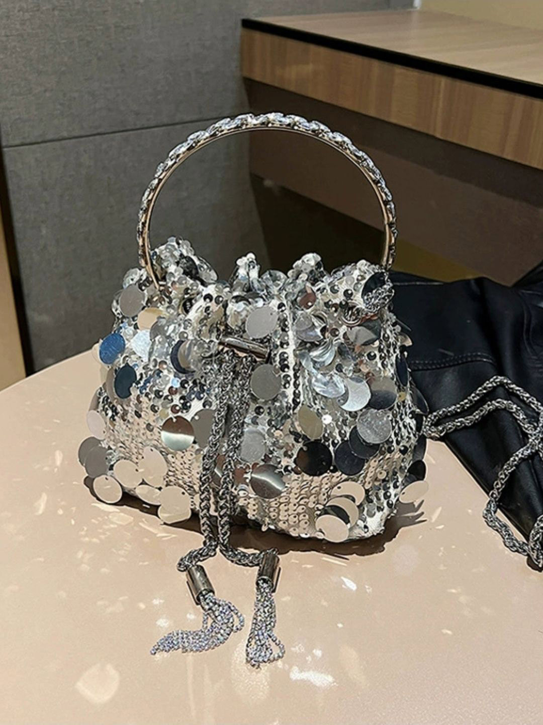 StyleCast Silver Embellished One Handle PU Sling Bag
