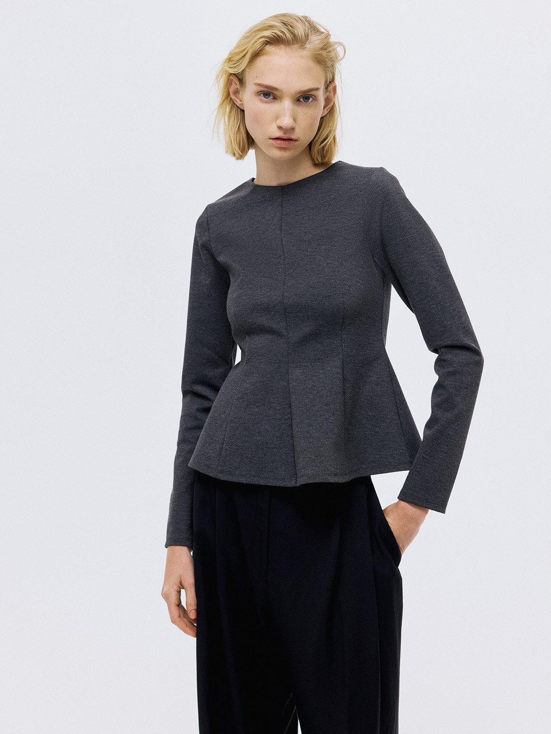 H&M Women Solid Jersey Round Neck Peplum Top