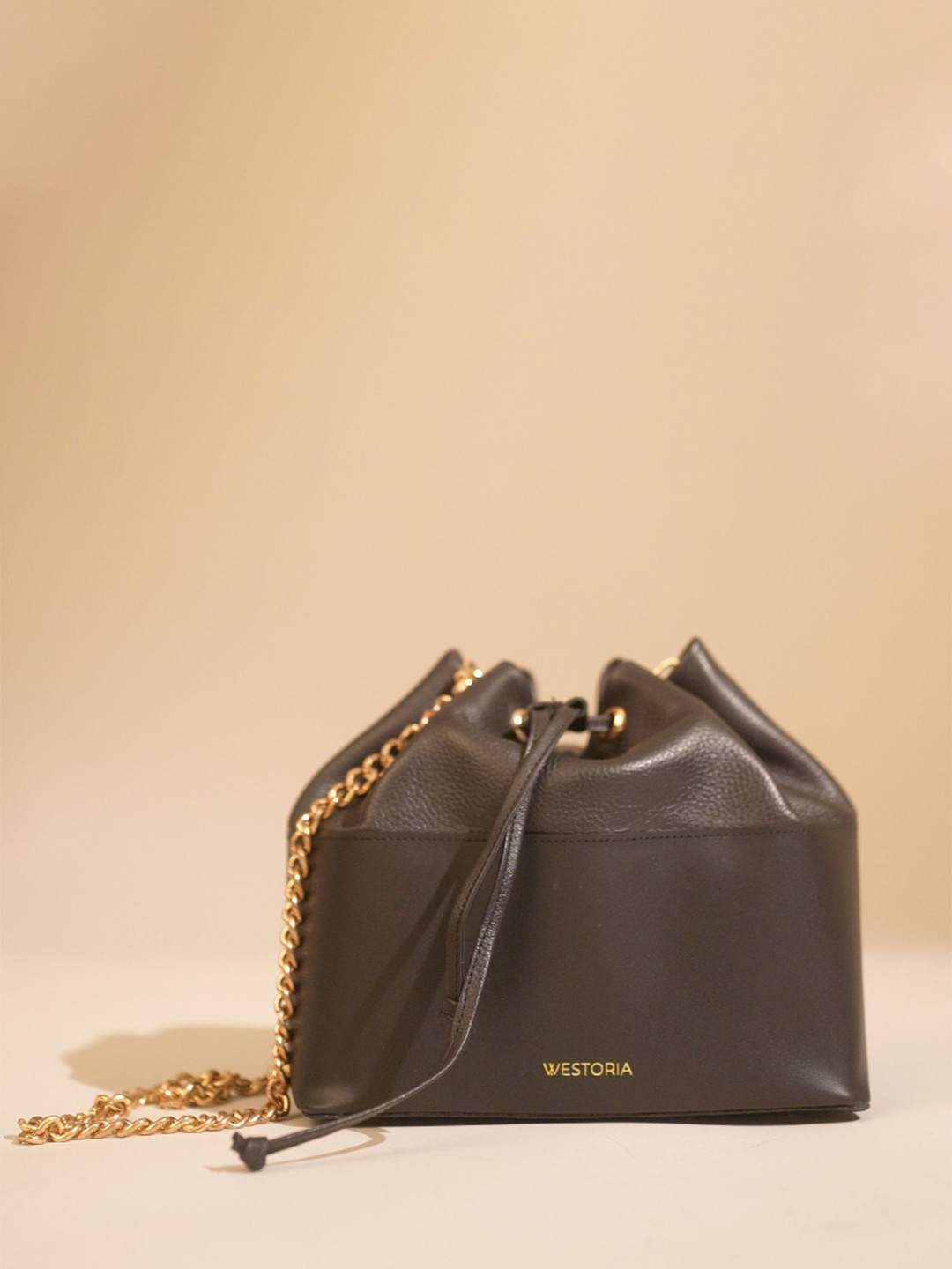 WESTORIA V Leather Bucket Shoulder Bag with Applique