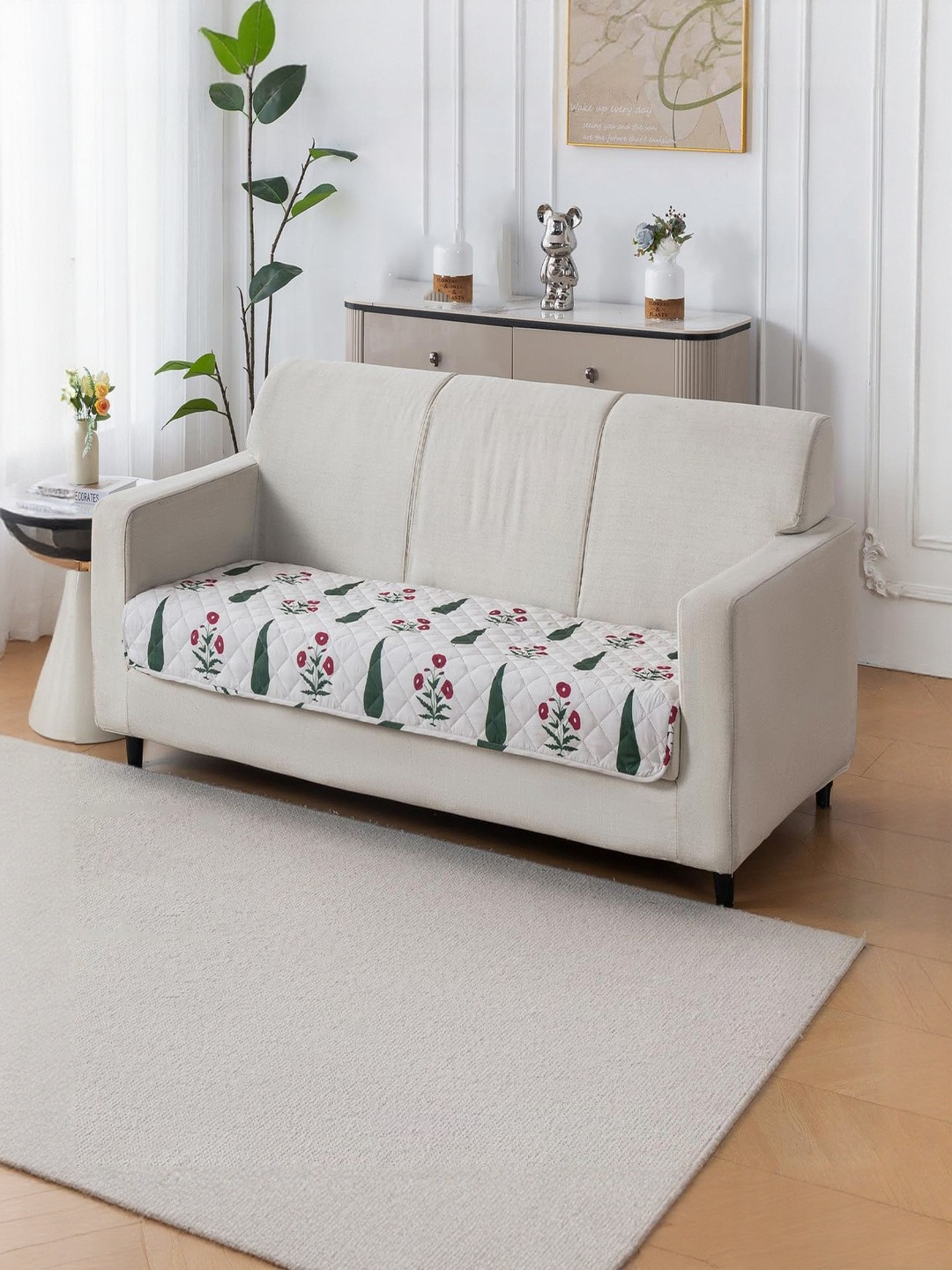 HOUSE OF QUIRK  Off White & Green Printed Other Sofa Mat 80x150 CM