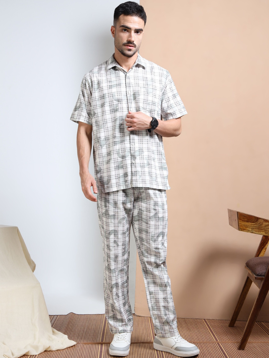 RIGS AND RAGS Checked Shirt Collar-Neck Shirt With Trousers Co-Ords Set