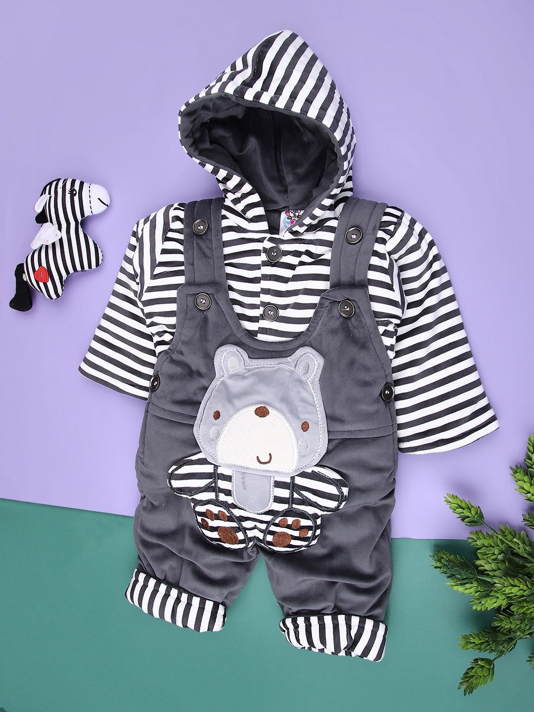 V-Mart Boys Patterned Velvet Dungaree With Striped Hooded T-Shirt