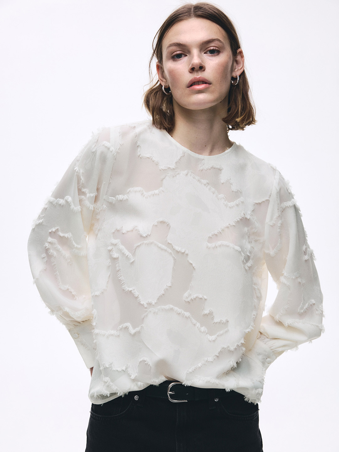 H&M Jacquard-Weave Round Neck Blouse Top