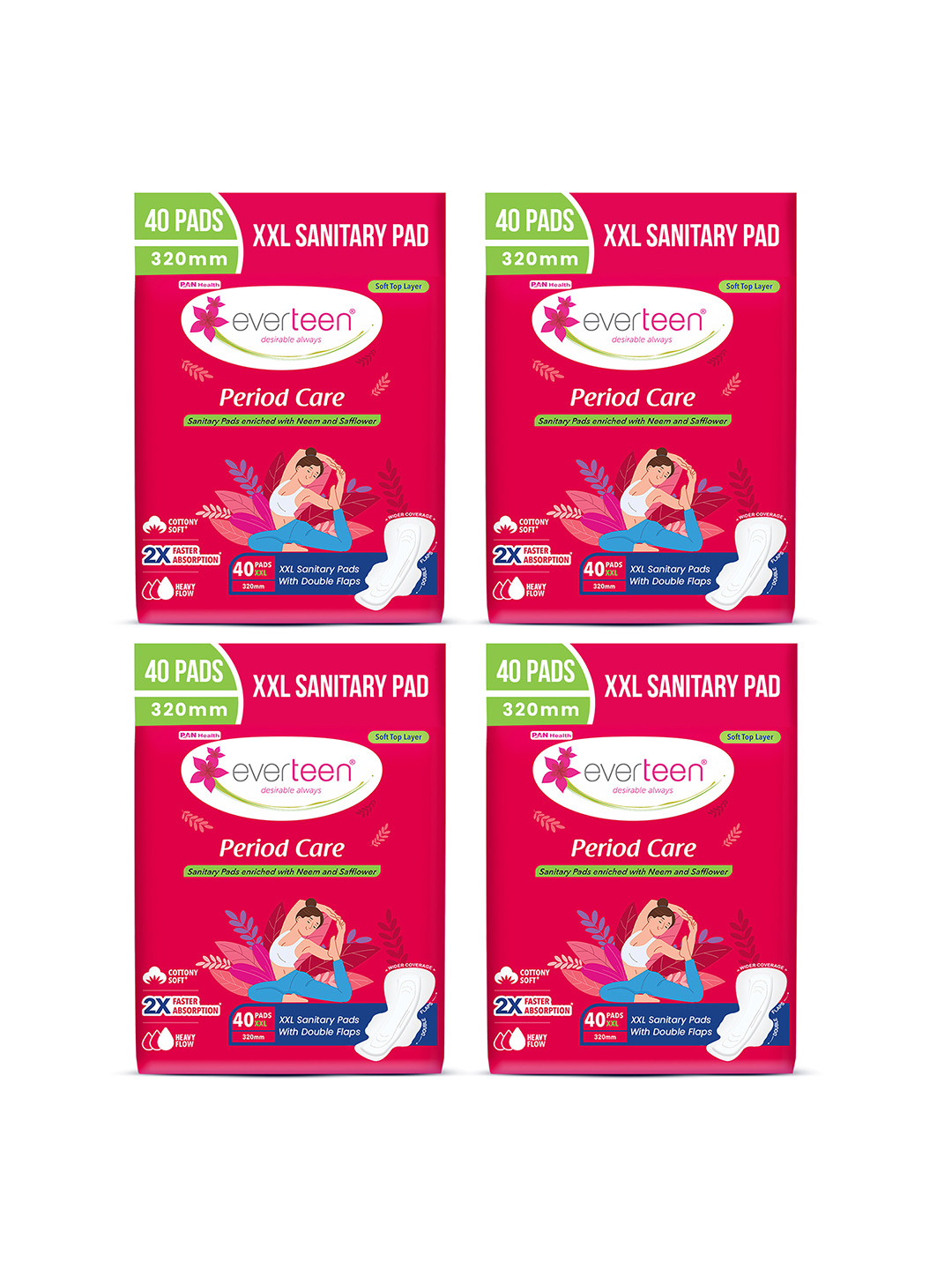 everteen Set of 4 Soft Neem & Safflower XXL Sanitary Napkins - 40 pc each