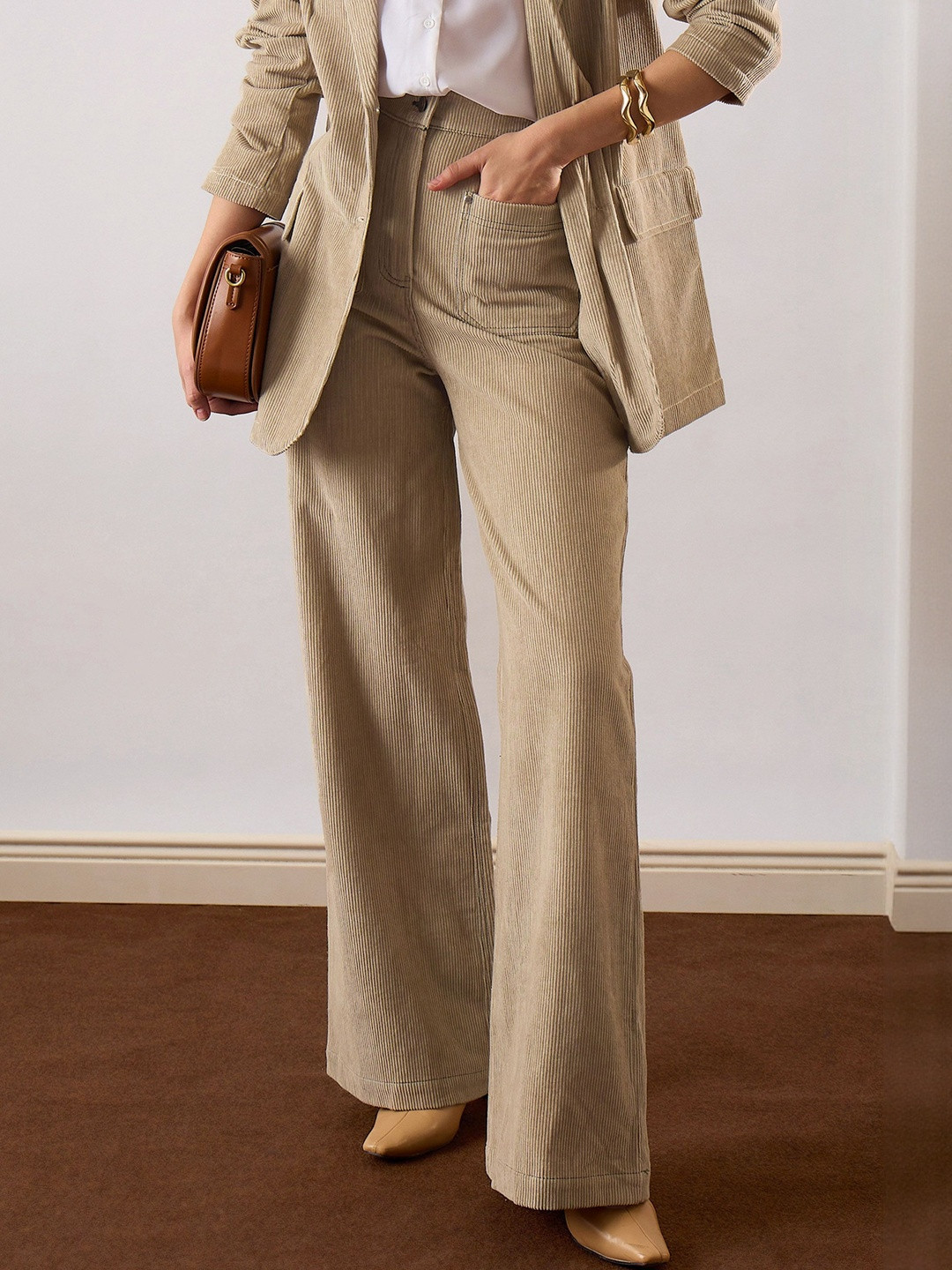 SASSAFRAS Women High-Rise Wide Leg Corduroy Pants