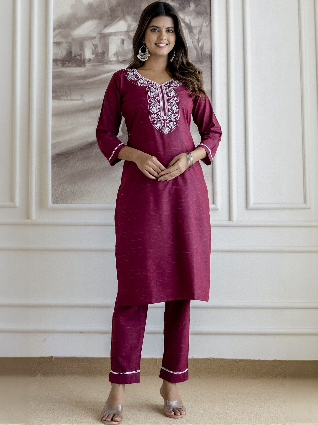 AUZAAI COLLECTION Ethnic Motifs Embroidered V-Neck Pure Cotton Kurta & Pyjama & Dupatta