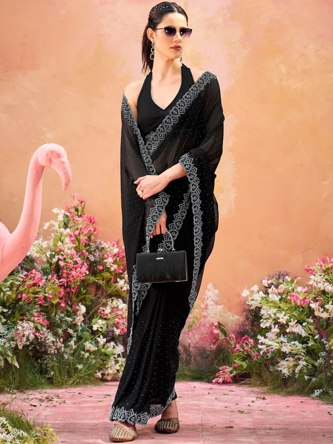 HERE&NOW Embellished Beads and Stones Poly Georgette Heavy Work Fashion Saree