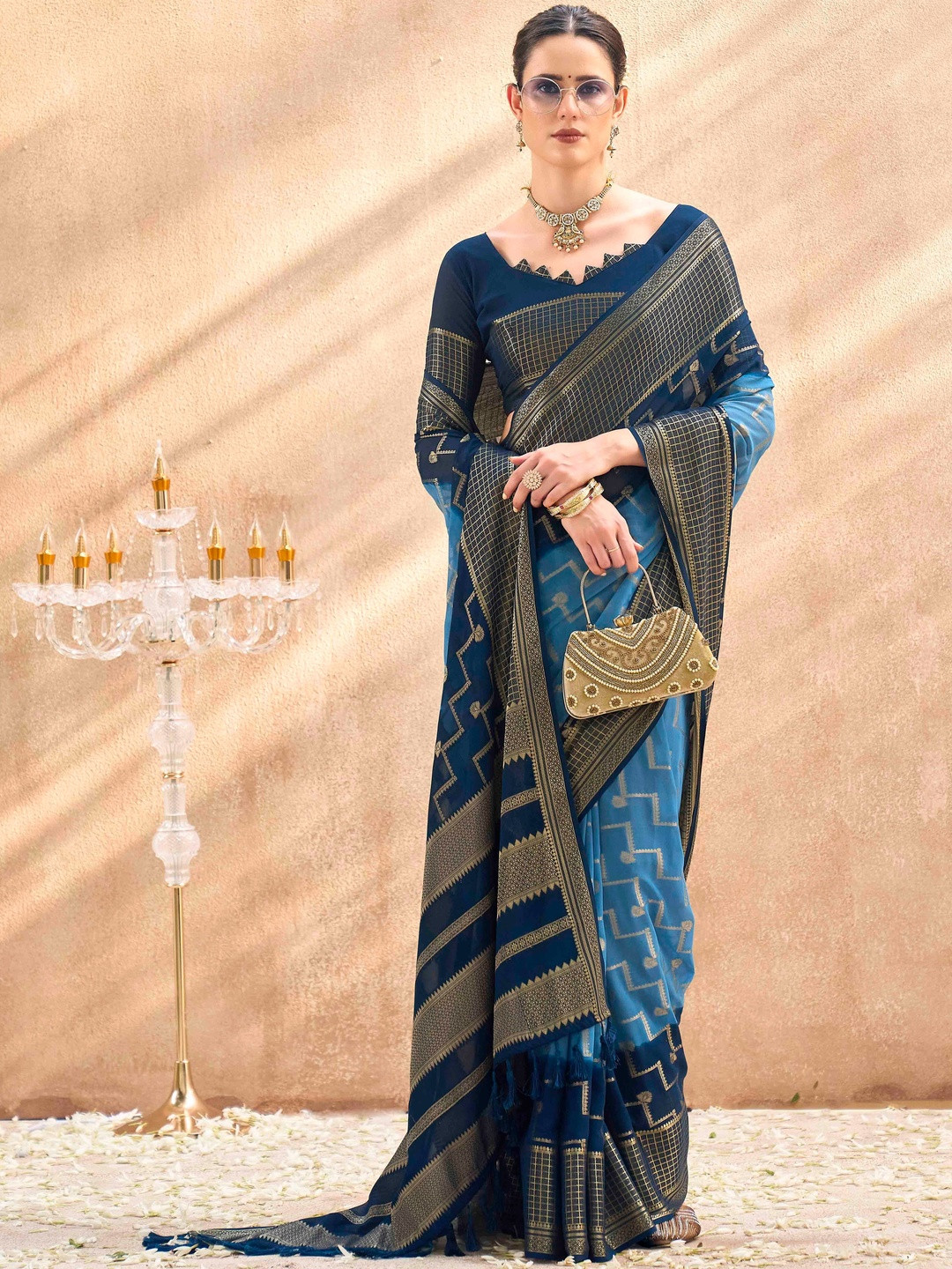 HERE&NOW Zari Poly Georgette Designer Fashion Saree