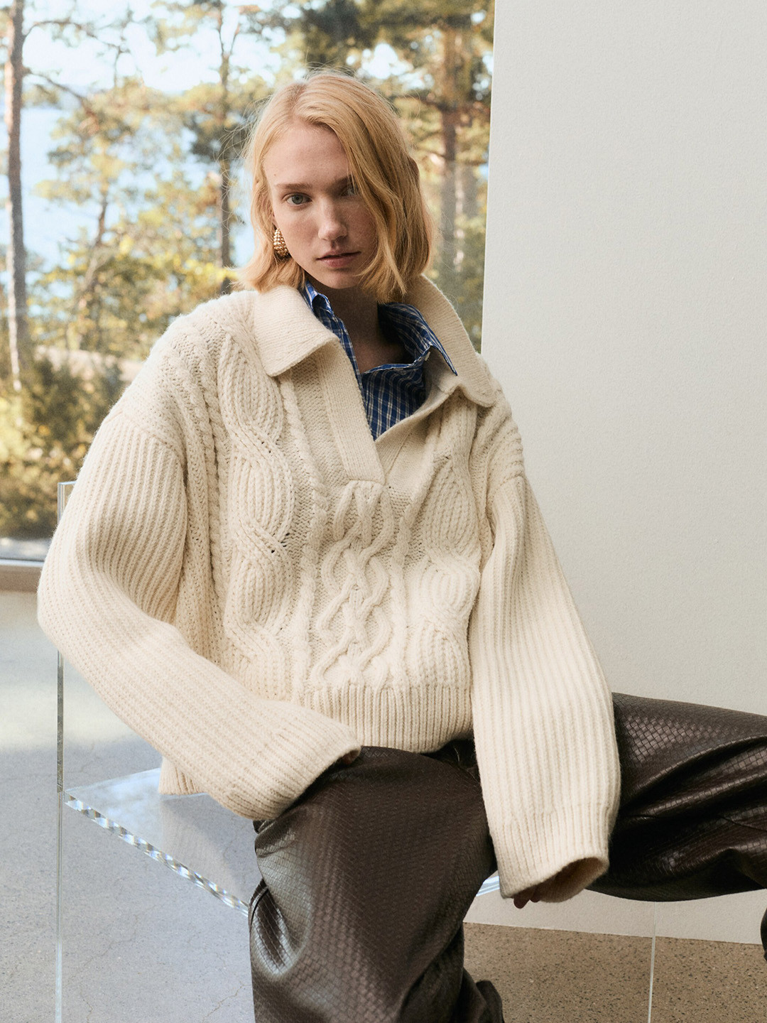 H&M Women Cable-Knit Collared Jumper