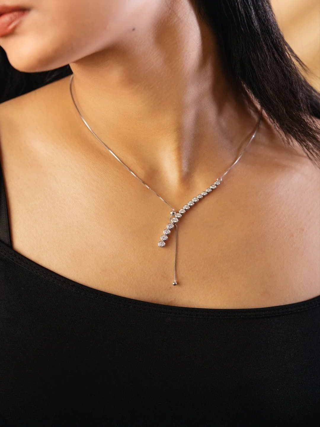 Baisara Jewellery 925 Pure Silver-Plated Stones Studded Geometric Pendant With Chain