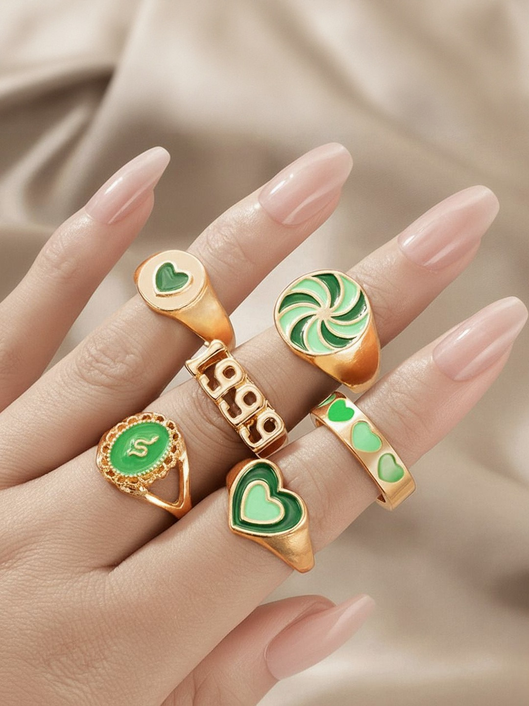 DressBerry Set Of 6 Gold-Plated Dripping Oil Love 1999 Feelings Finger Rings