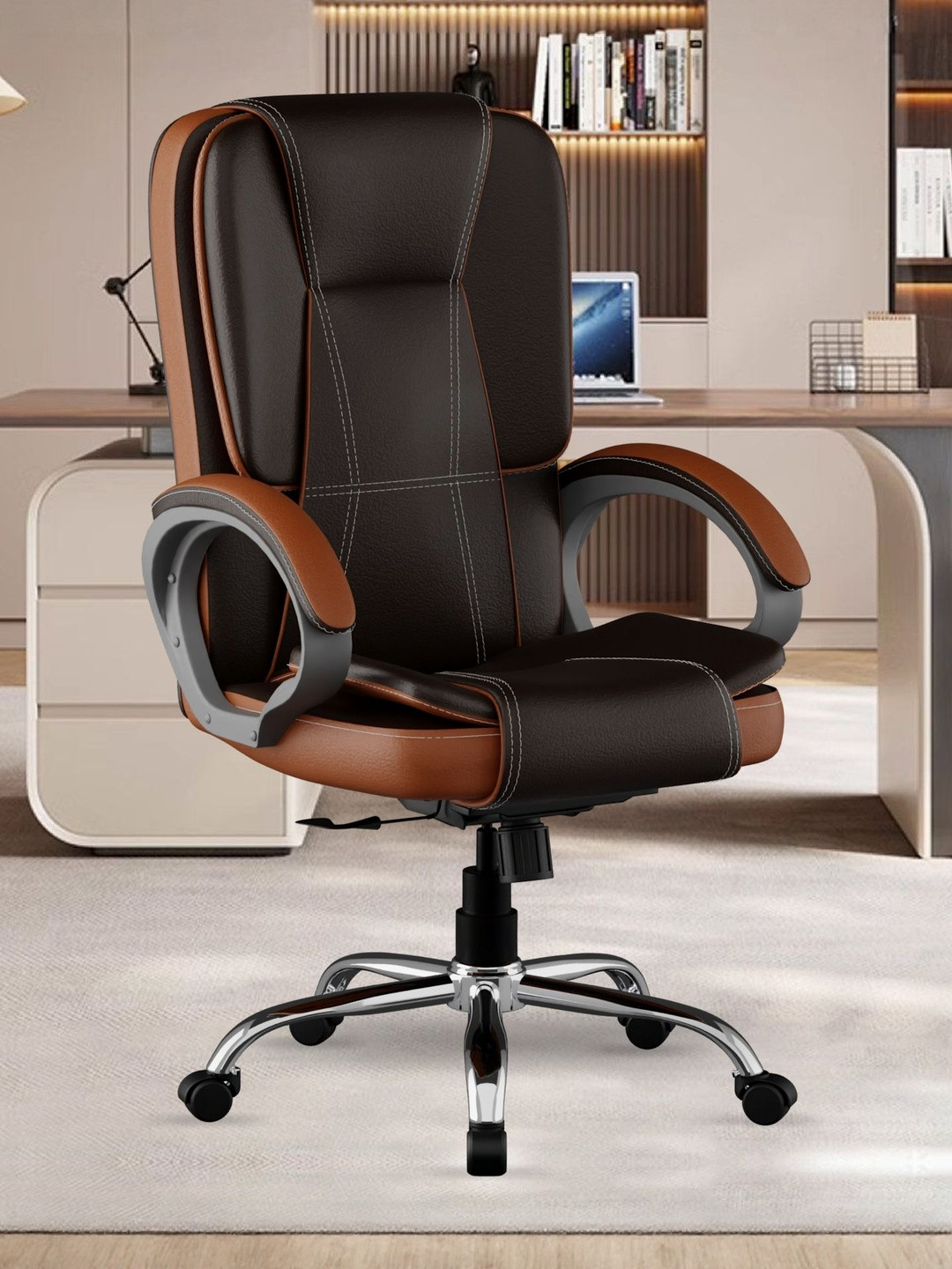 FUGO Black & Brown Adjustable Seat Height Orthopedic Designed High Back Office Chair