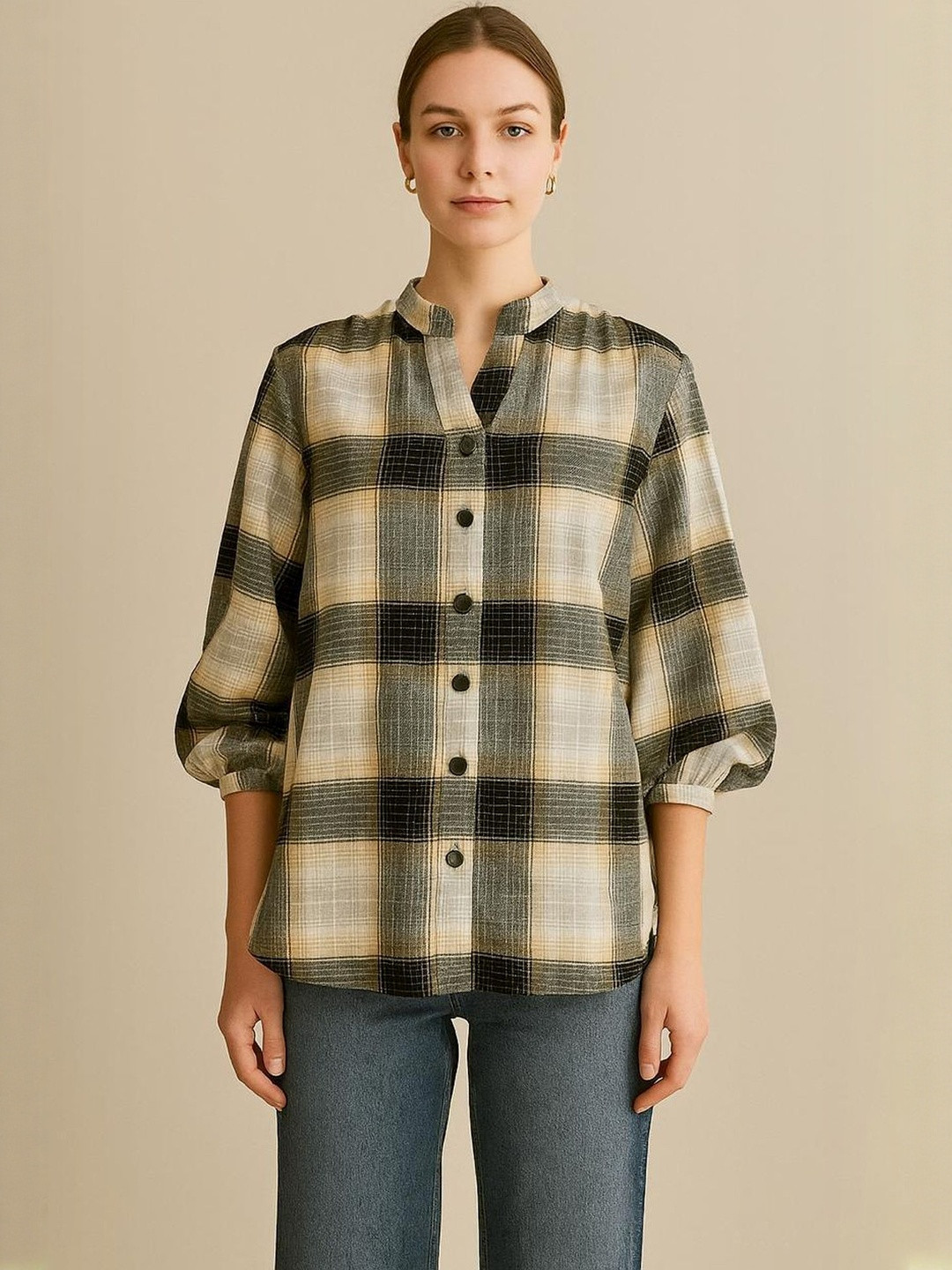 Veeralda Women Tartan Checks Checked Mandarin Collar Puff Sleeves Oversized Shirt