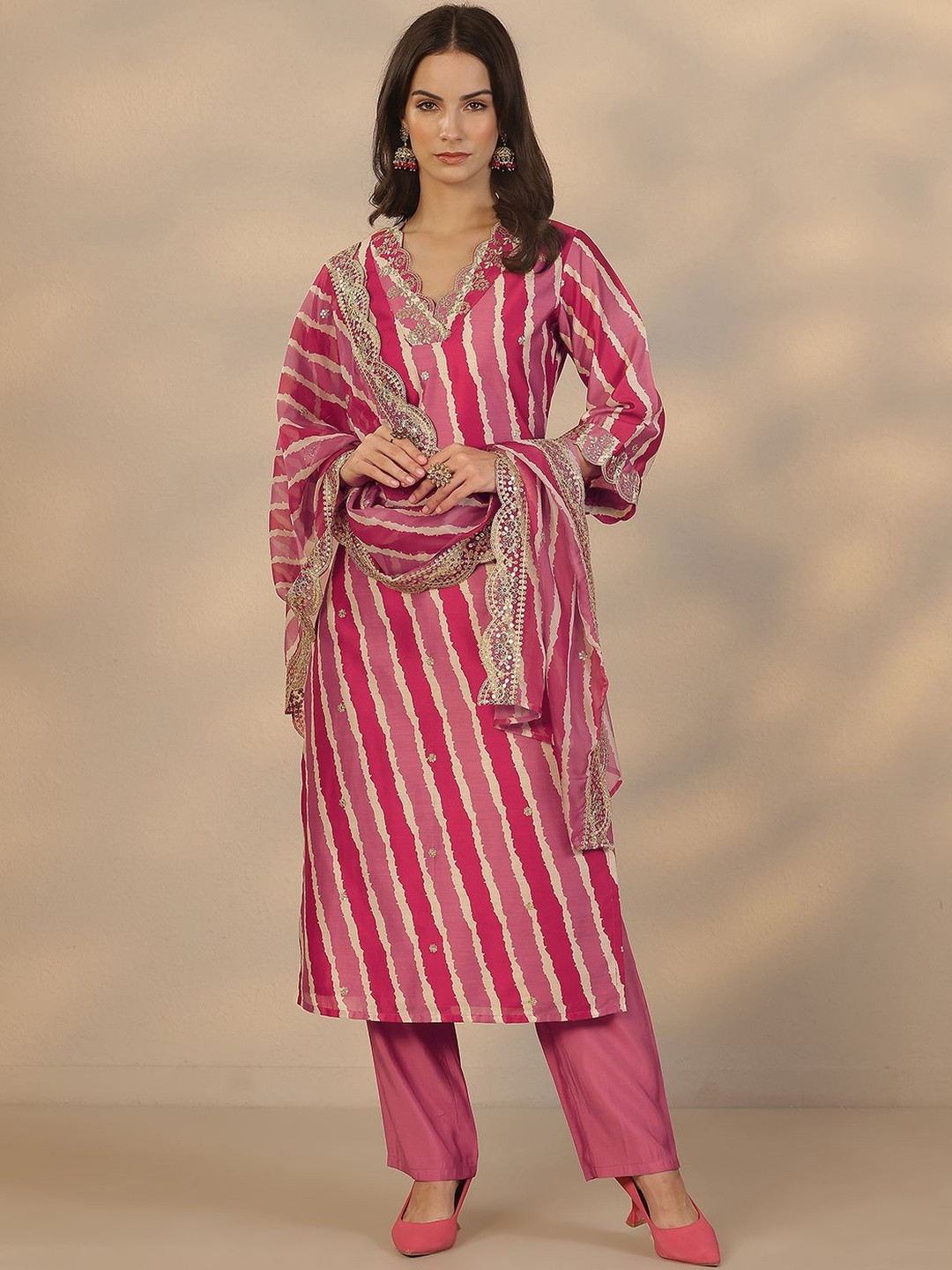 Libas Leheriya Printed Regular Sequinned Straight Kurta With Trousers & Dupatta