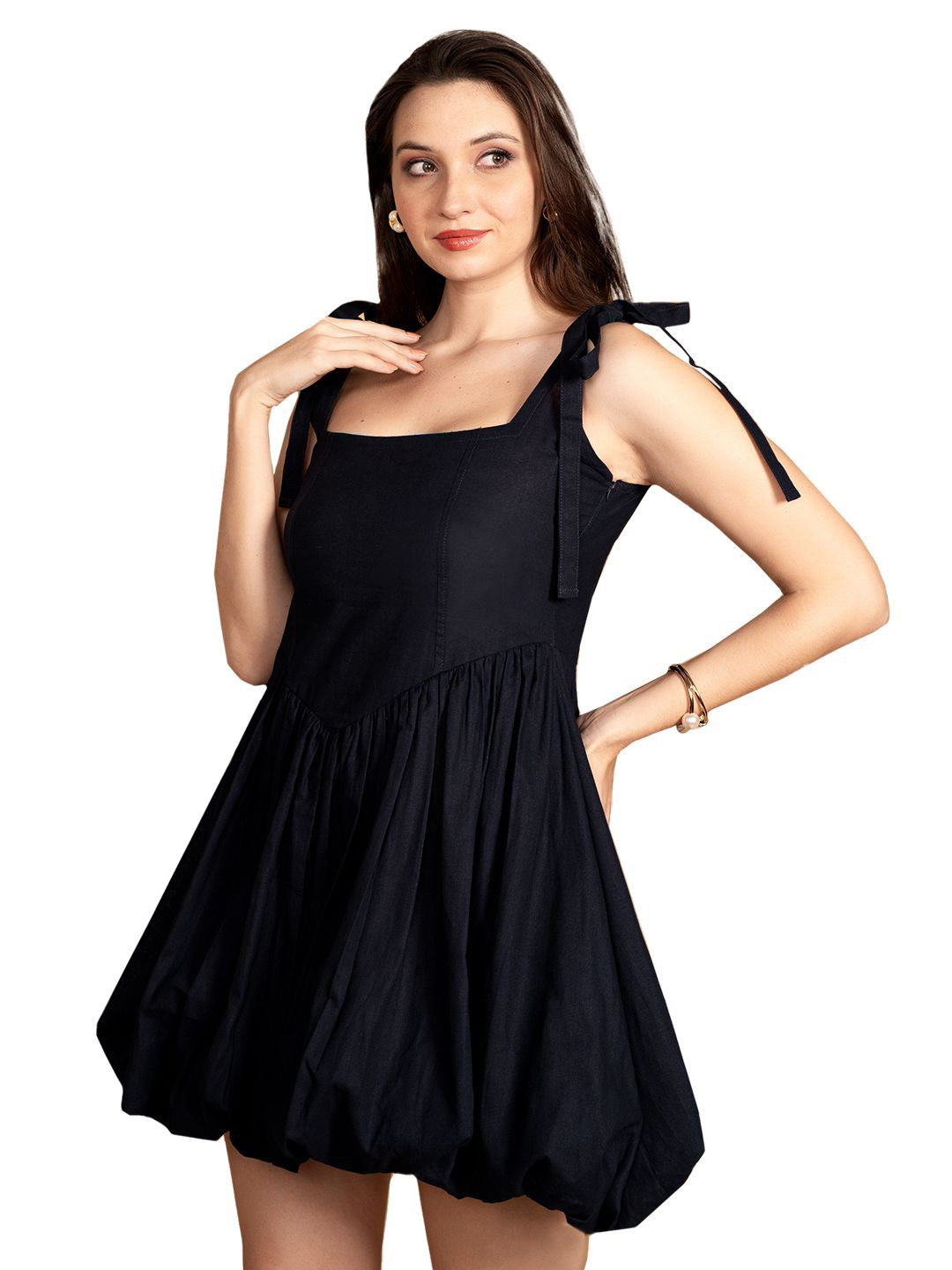 ZLAATA FASHION Women Shoulder Straps Tie-Ups Sleeveless Balloon Mini Dress