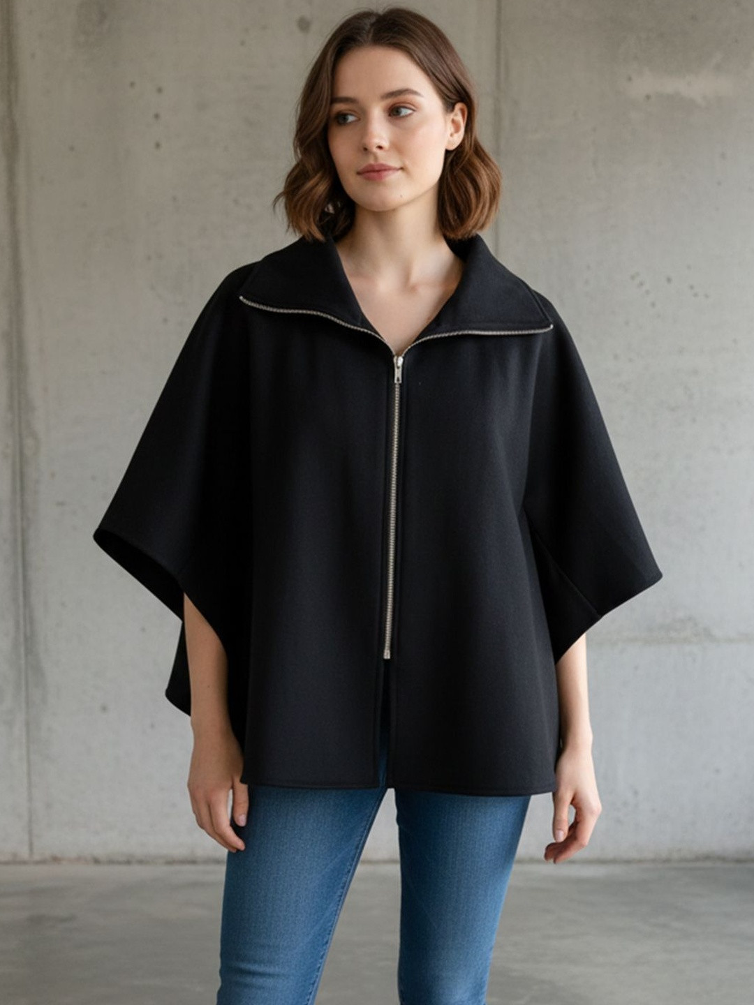 Qurvii Women Solid Shoulder Tabs Spread Collar Crop Cape Jacket