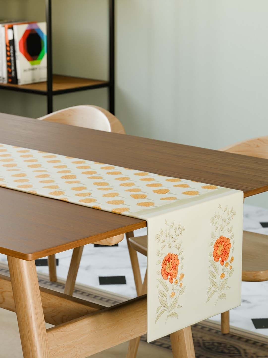 Eyaas White & Yellow Two Marigold Buta Block-Printed Cotton Table Runner