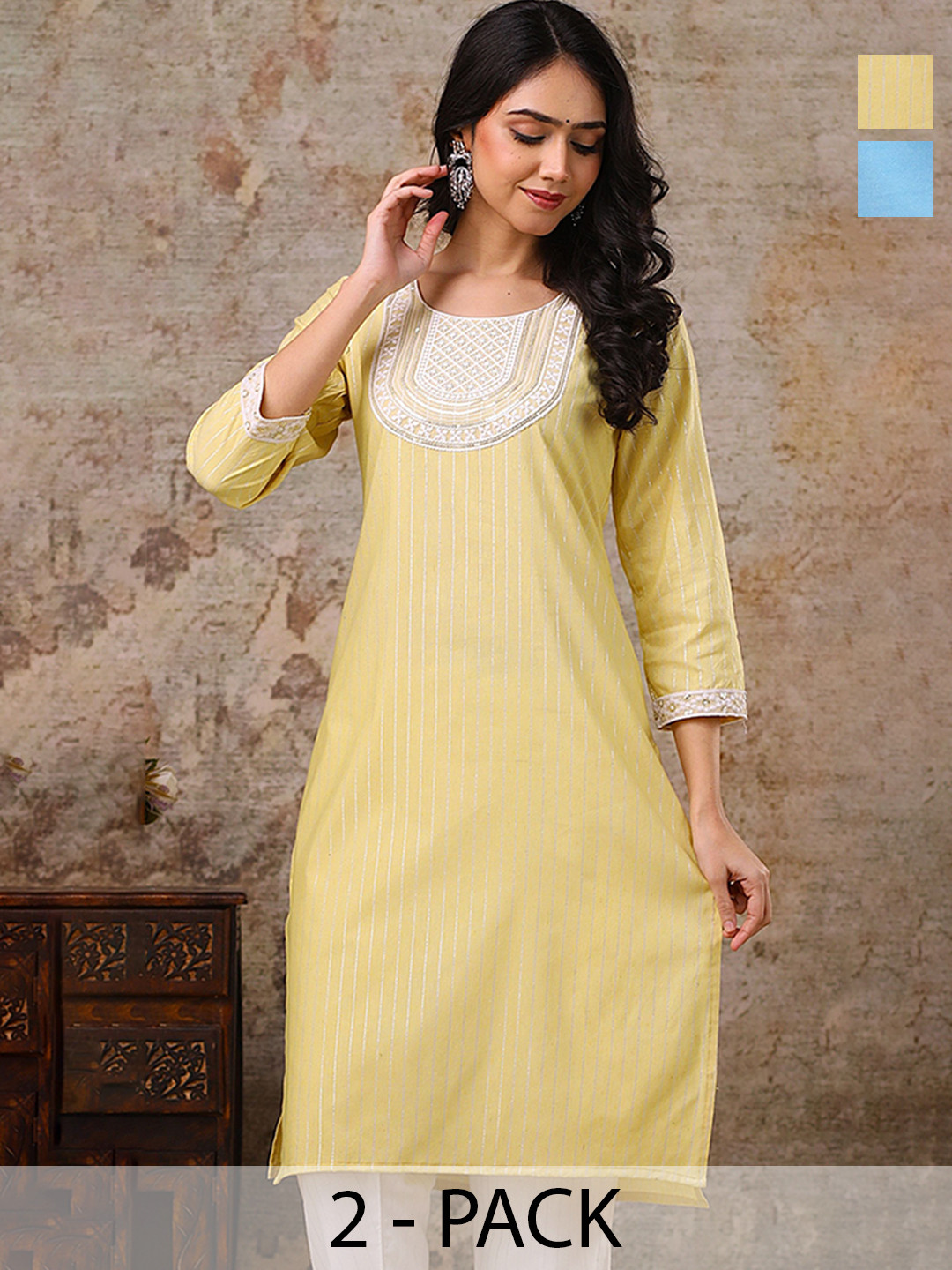 AUZAAI COLLECTION Selection Of 2 Yoke Design Thread Work Pure Cotton Straight Kurtas