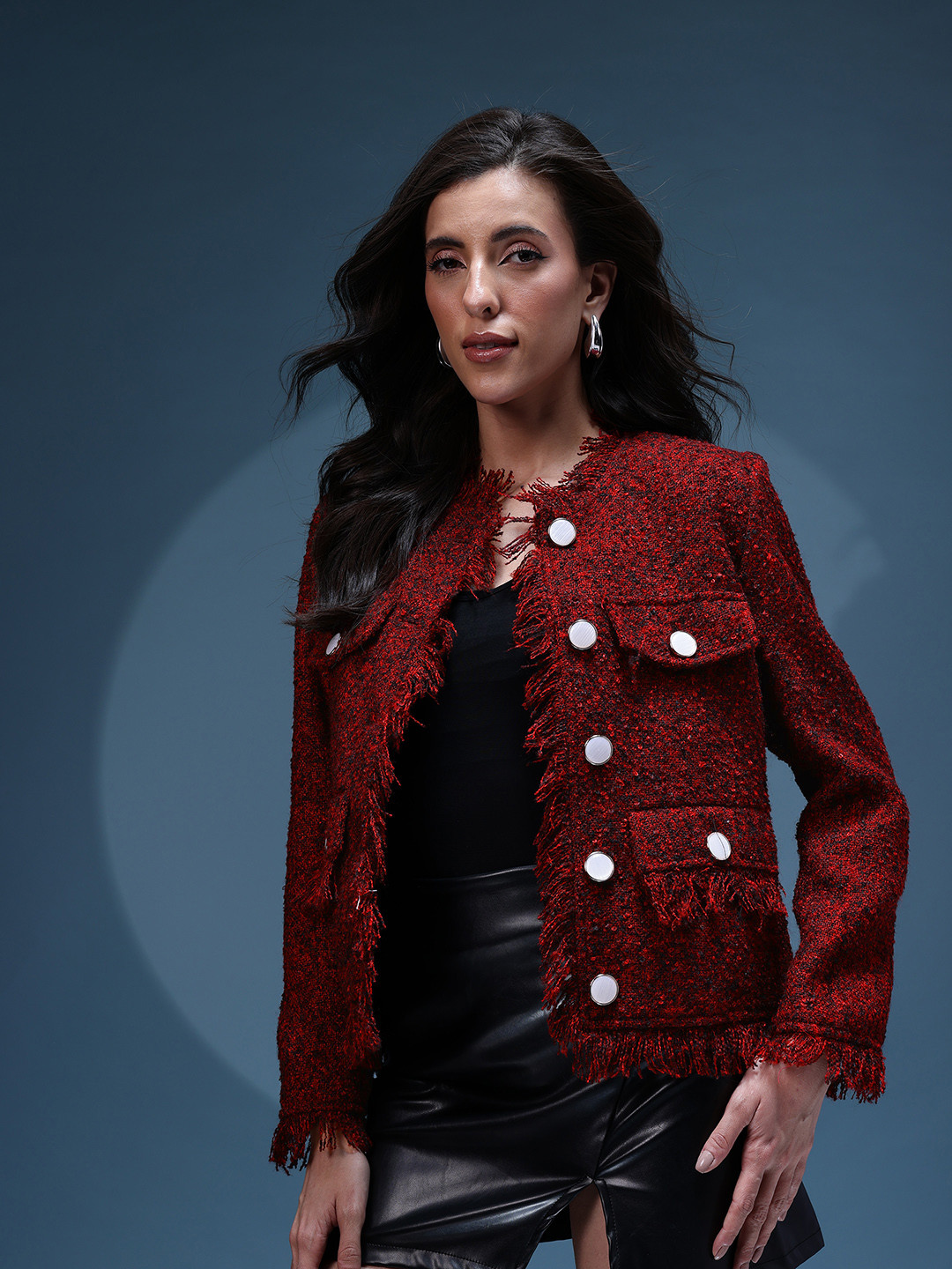 bebe Collarless Self Design Tailored Jacket