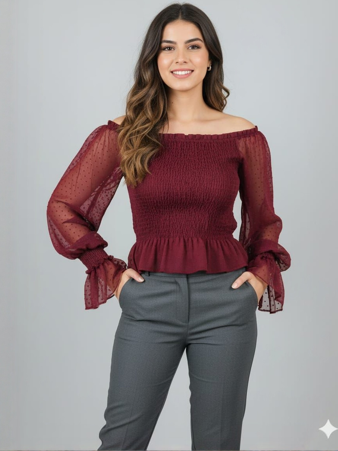 HIGH BUY Embellished Off-Shoulder Flared Sleeve Georgette Peplum Top