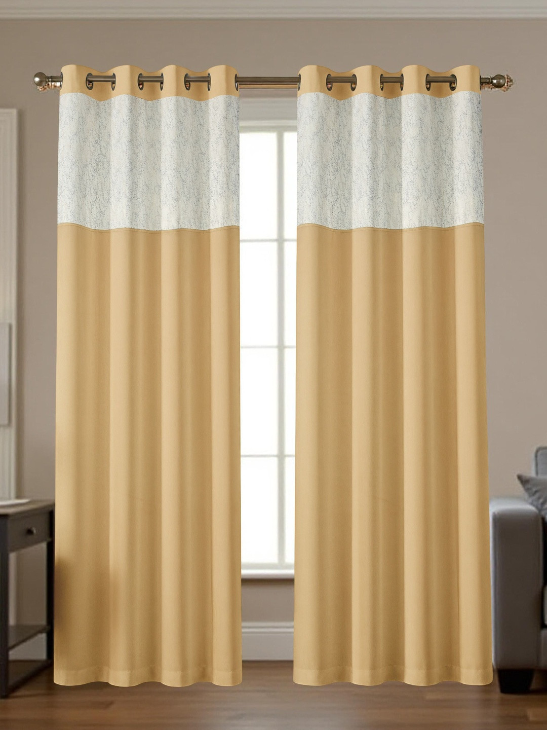 Aura Beige & White Velvet Thermal Insulated 2 Pieces Black Out Eyelet Door Curtains