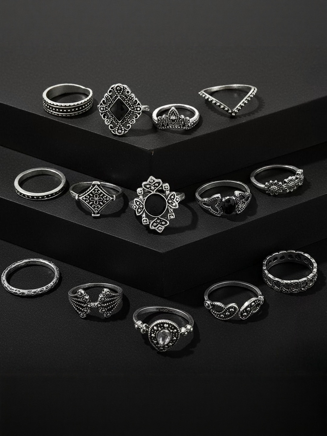 DressBerry Set Of 15 Silver-Plated Stone-Studded Vintage Floral Design Finger Rings