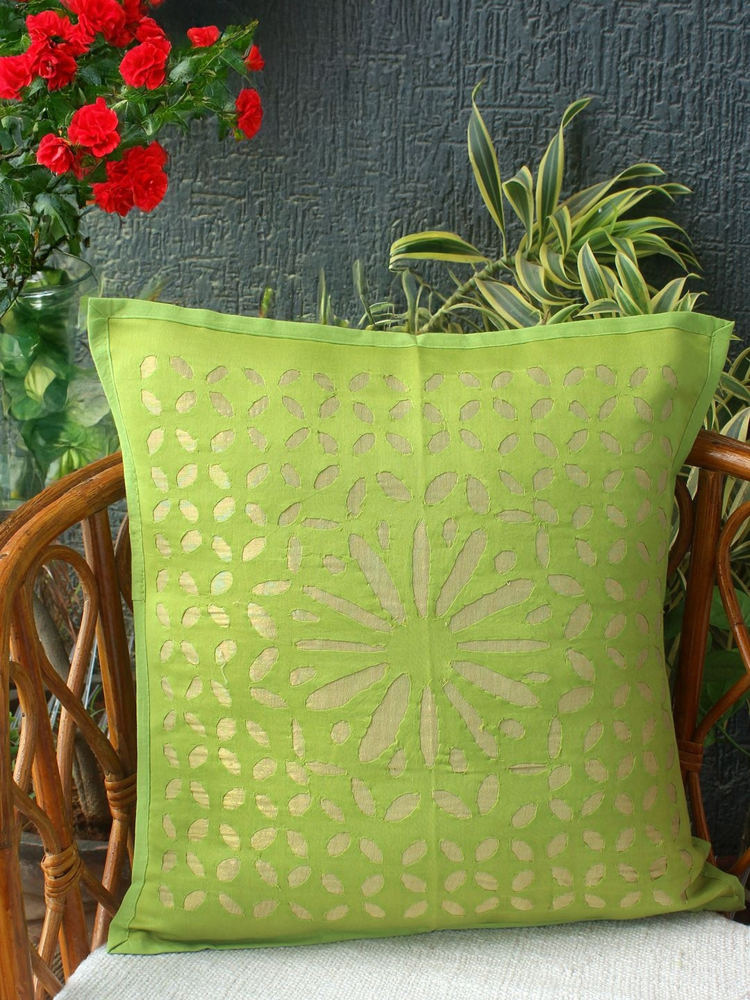 Weaves of Tradition Green & Beige Self Design  Square Chanderi Silk Cushion Cover