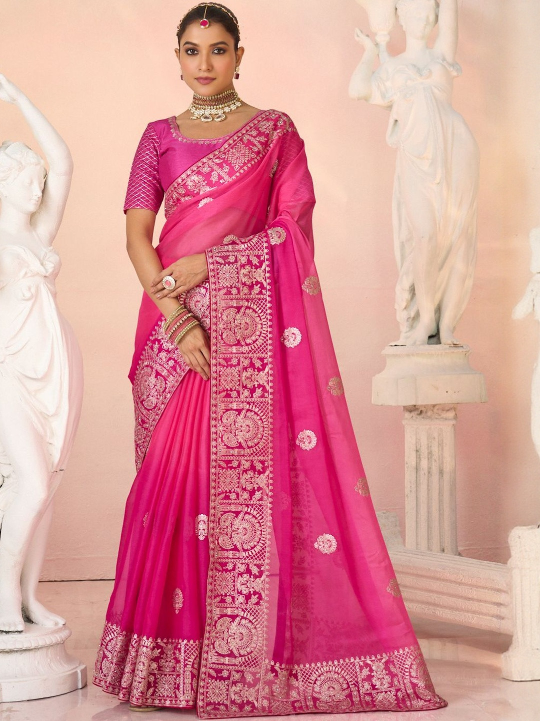 Laxmipati Kesaar Bhog Ethnic Motifs Embellished Zari Organza Saree with Blouse Piece