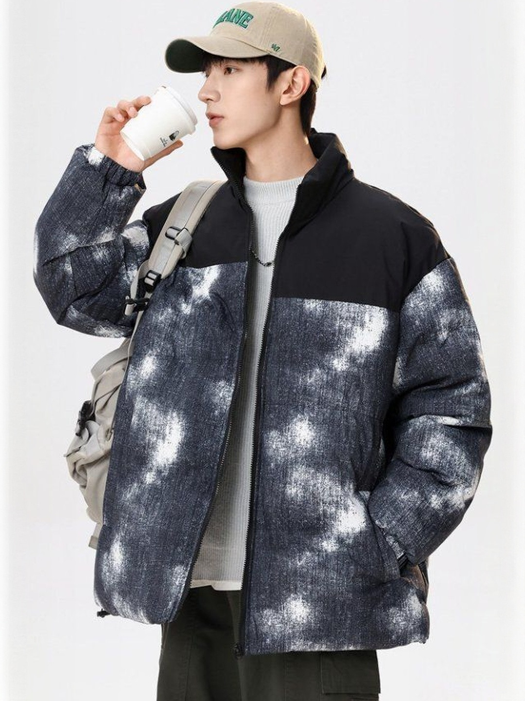 Mast & Harbour Men Stand Collar Tie and Dye Printed Puffer Jacket