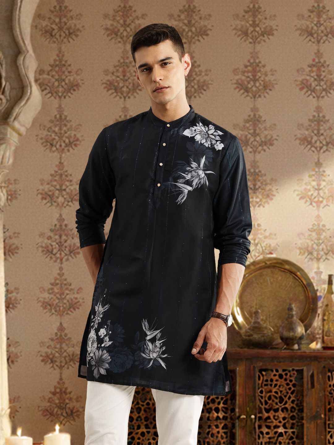 House of Pataudi Floral Printed Sequinned Jashn Kurta